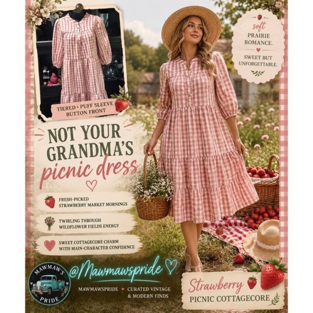 Pink Gingham Tiered Puff Sleeve Cottagecore Picnic Midi Dress Size M